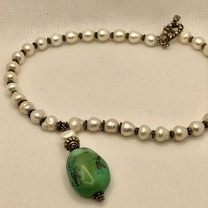 LG Designs necklace with pearl and turquoise beads